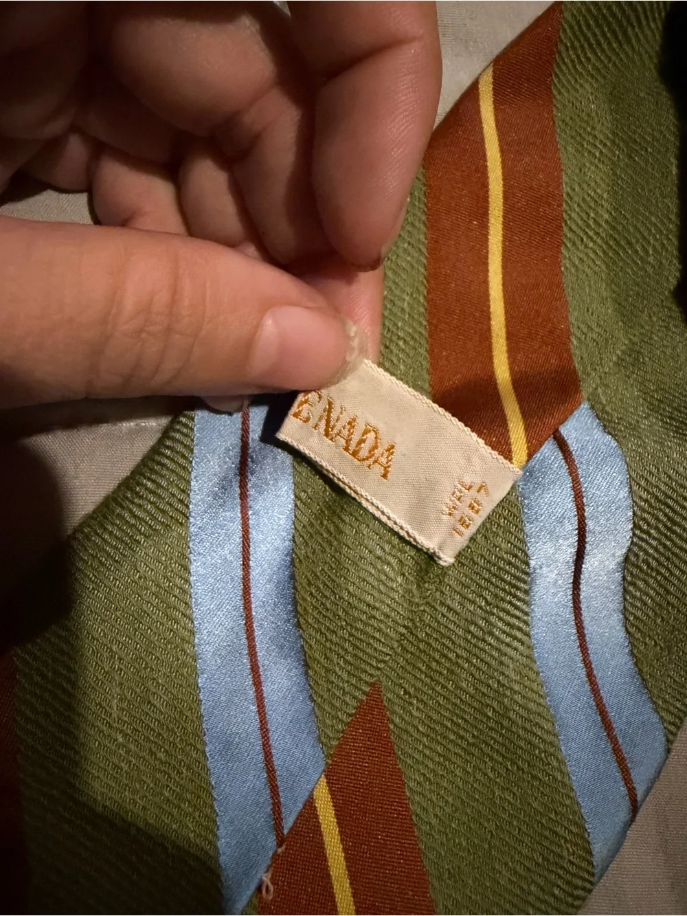 Olive Green Tie with Light Blue and Rust Stripes